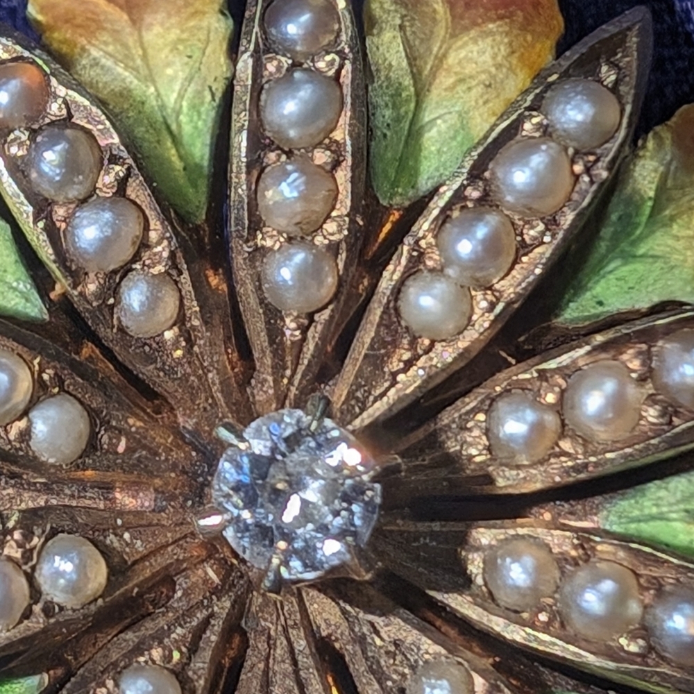 Antique Edwardian 14K Gold Enamel Diamond Seed Pearl Flower Pendant Brooch 1"